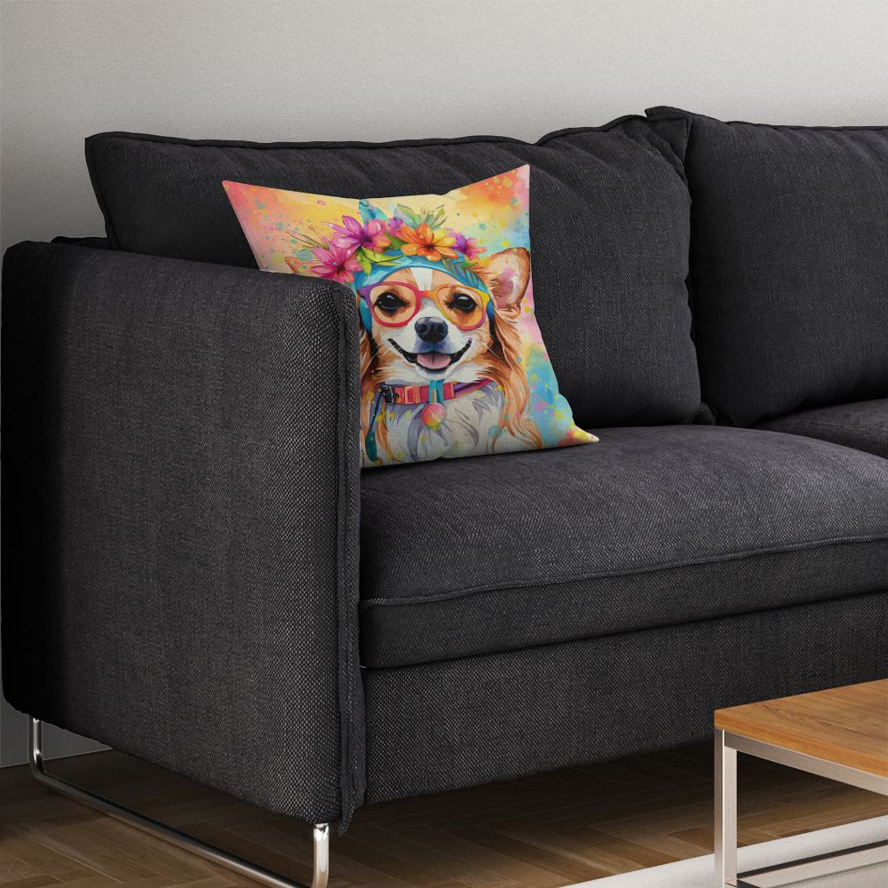 Chihuahua Hippie Dawg Throw Pillow Machine Washable, Indoor Outdoor Decorative Pillow for Couch, Bed or Patio, 14Hx14W