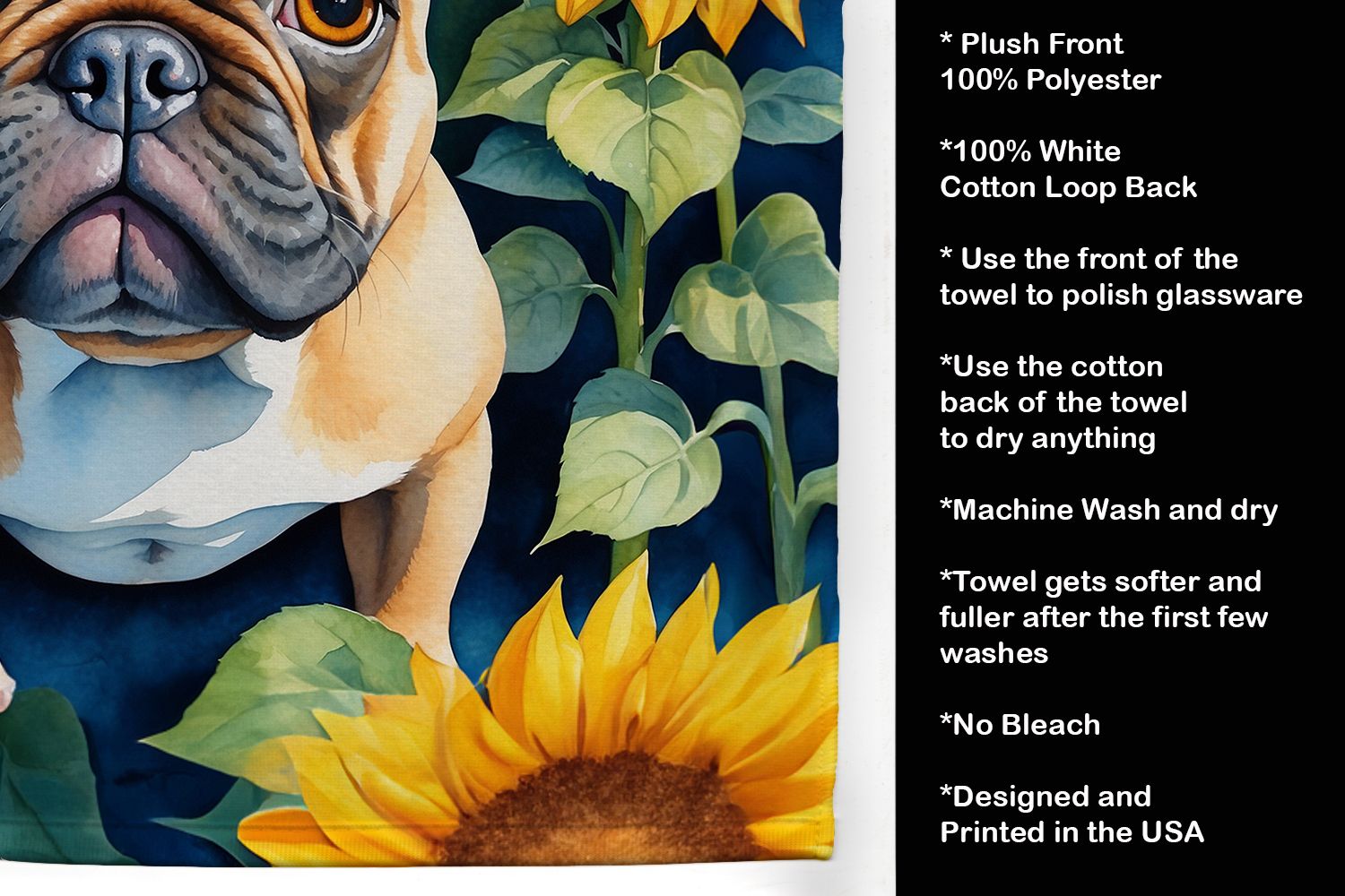 French Bulldog in Sunflowers Kitchen Towel Dish Cloths Guest Hand Towel Decorative Bathroom Towel for Face,Tea, Dishcloth, Kitchen and Bath