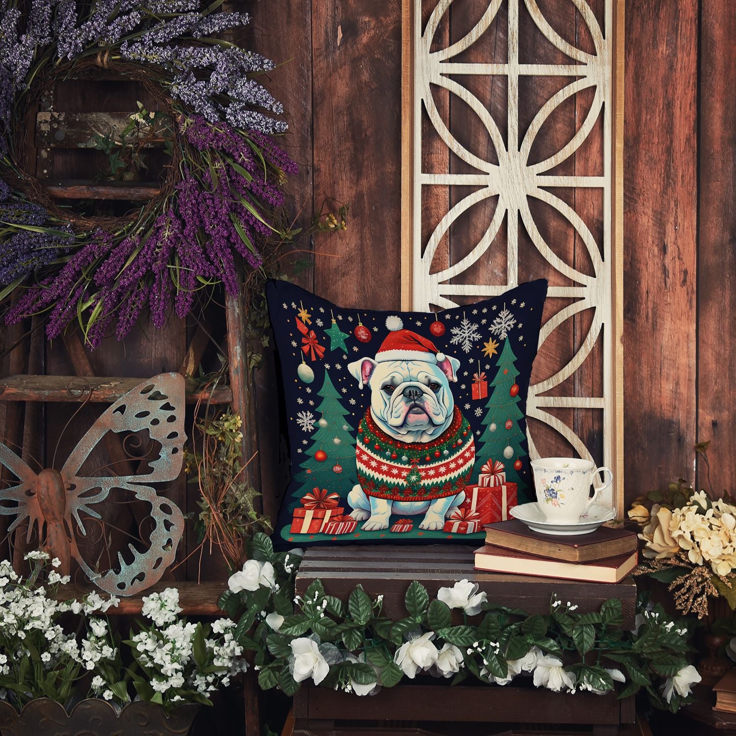 White English Bulldog Christmas Throw Pillow Machine Washable, Indoor Outdoor Decorative Pillow for Couch, Bed or Patio, 14Hx14W