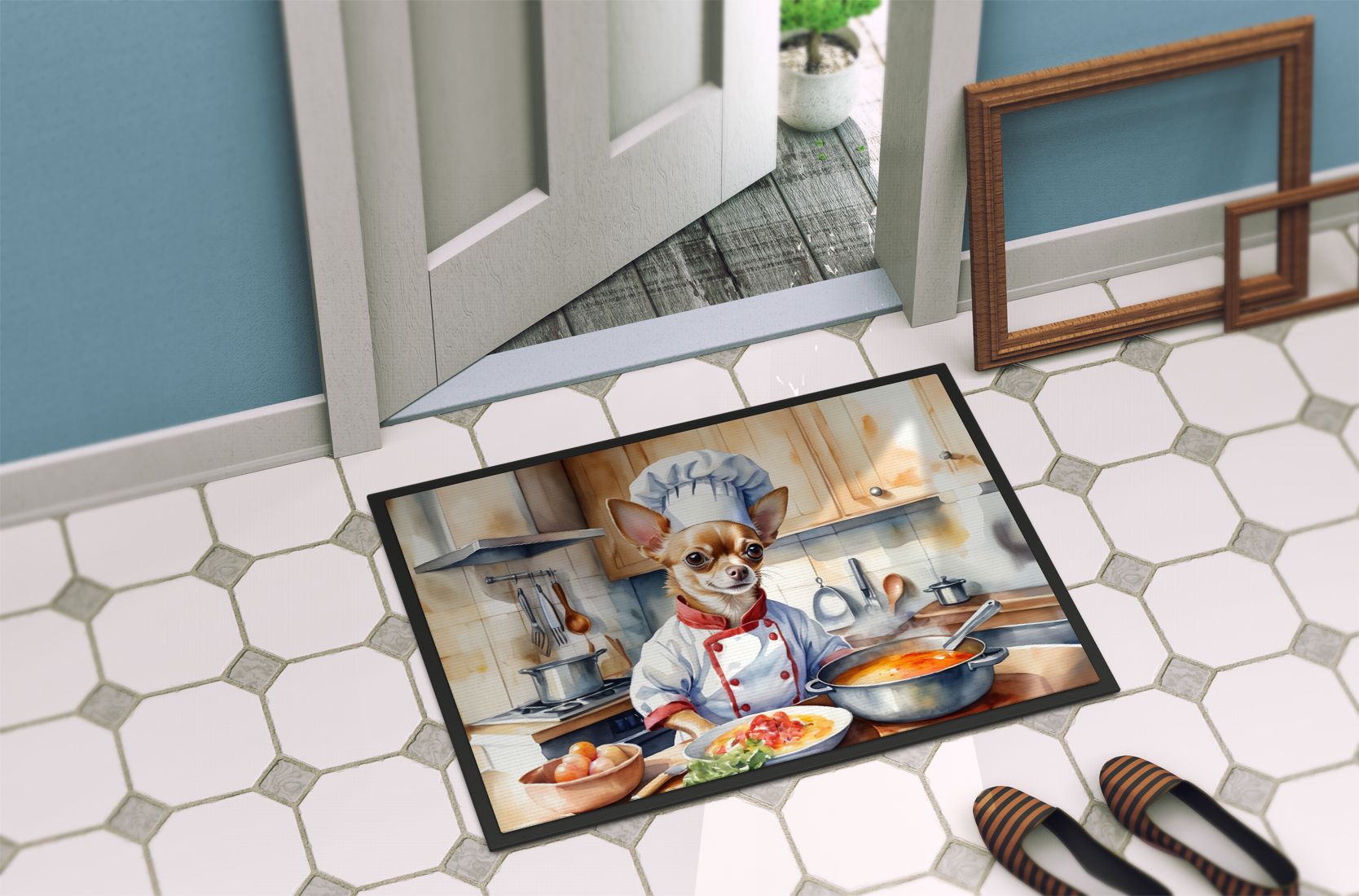 Chihuahua The Chef Doormat Front Door Mat Indoor Outdoor Rugs for Entryway, Non Slip Washable Low Pile, 24H X 36W