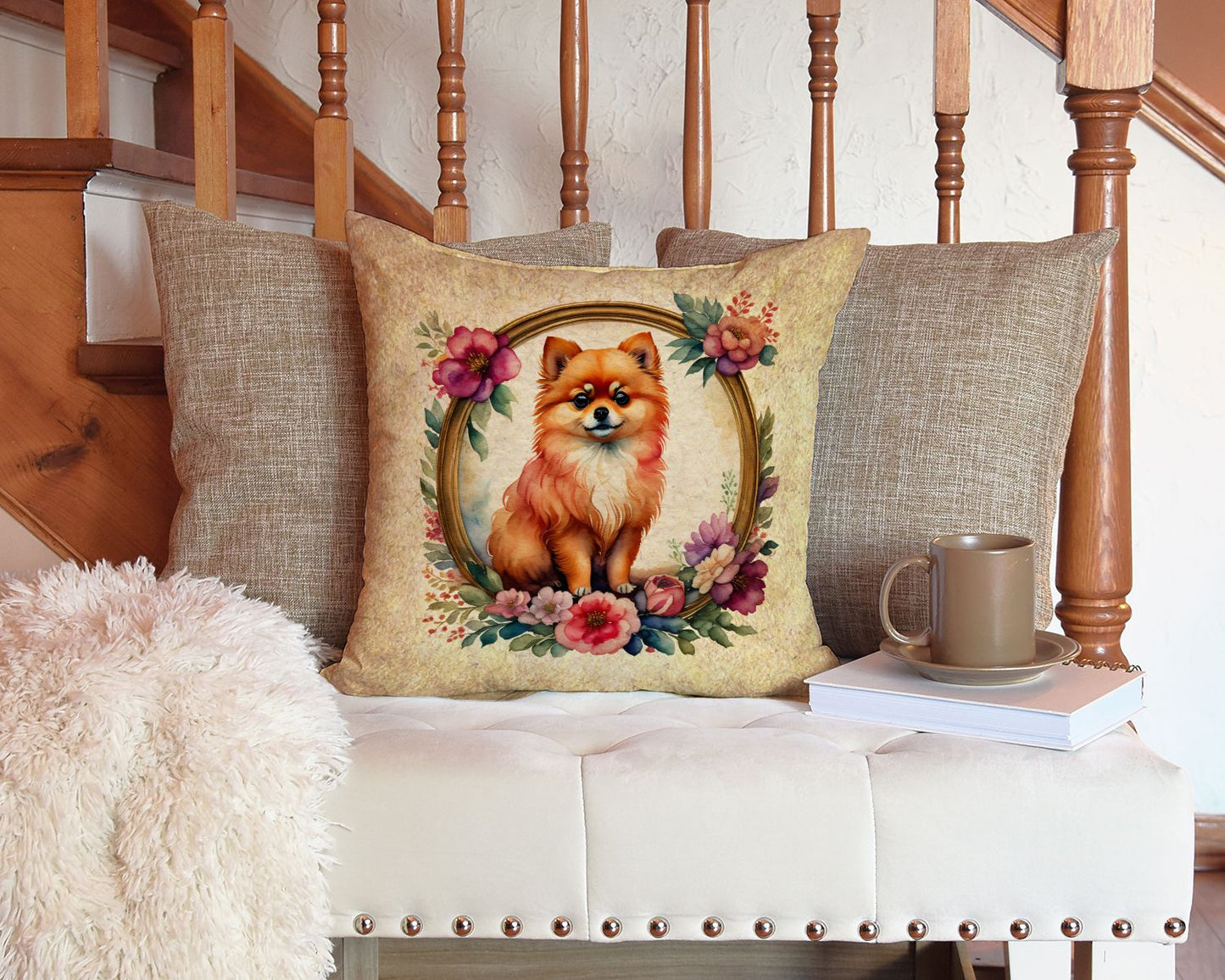 Pomeranian and Flowers Throw Pillow Machine Washable, Indoor Outdoor Decorative Pillow for Couch, Bed or Patio, 14Hx14W