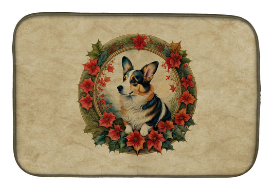 Corgi Christmas Flowers Dish Drying Mat Absorbent Dish Drying Mat Pad for Kitchen Counter Dish Drainer Mat for Countertop, 14 x 21", Multicolor