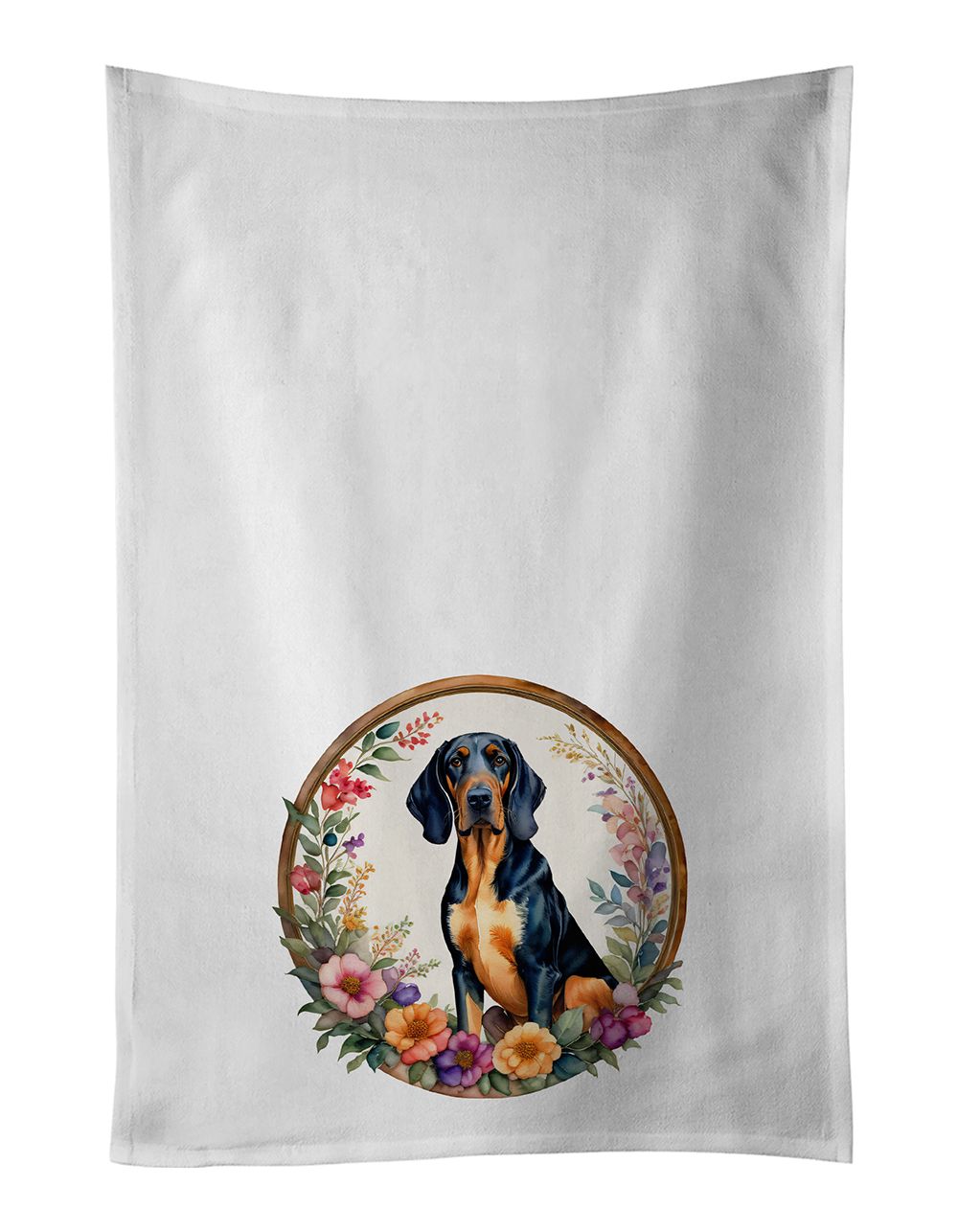Coonhound and Flowers Kitchen Towel Set of 2 White Dish Towels Decorative Bathroom Hand towel for Hand, Face, Hair, Yoga, Tea, Dishcloth, 19 X 28", White