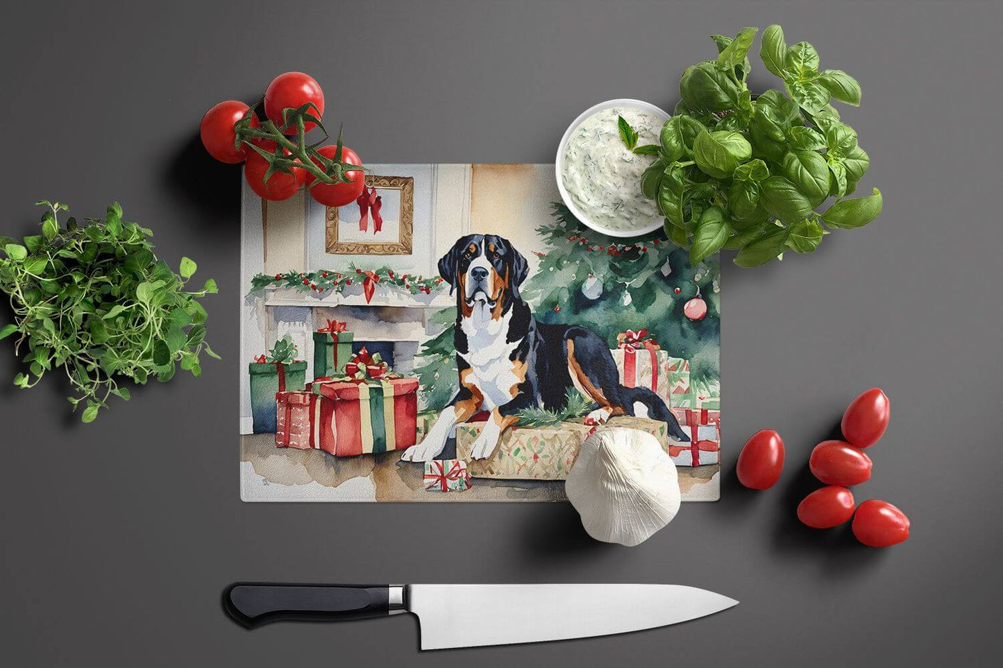 NEW Greater Swiss Mountain Dog Cozy Christmas Glass Cutting Board Decorative Tempered Glass Kitchen Cutting and Serving Board Large Size Chopping Board