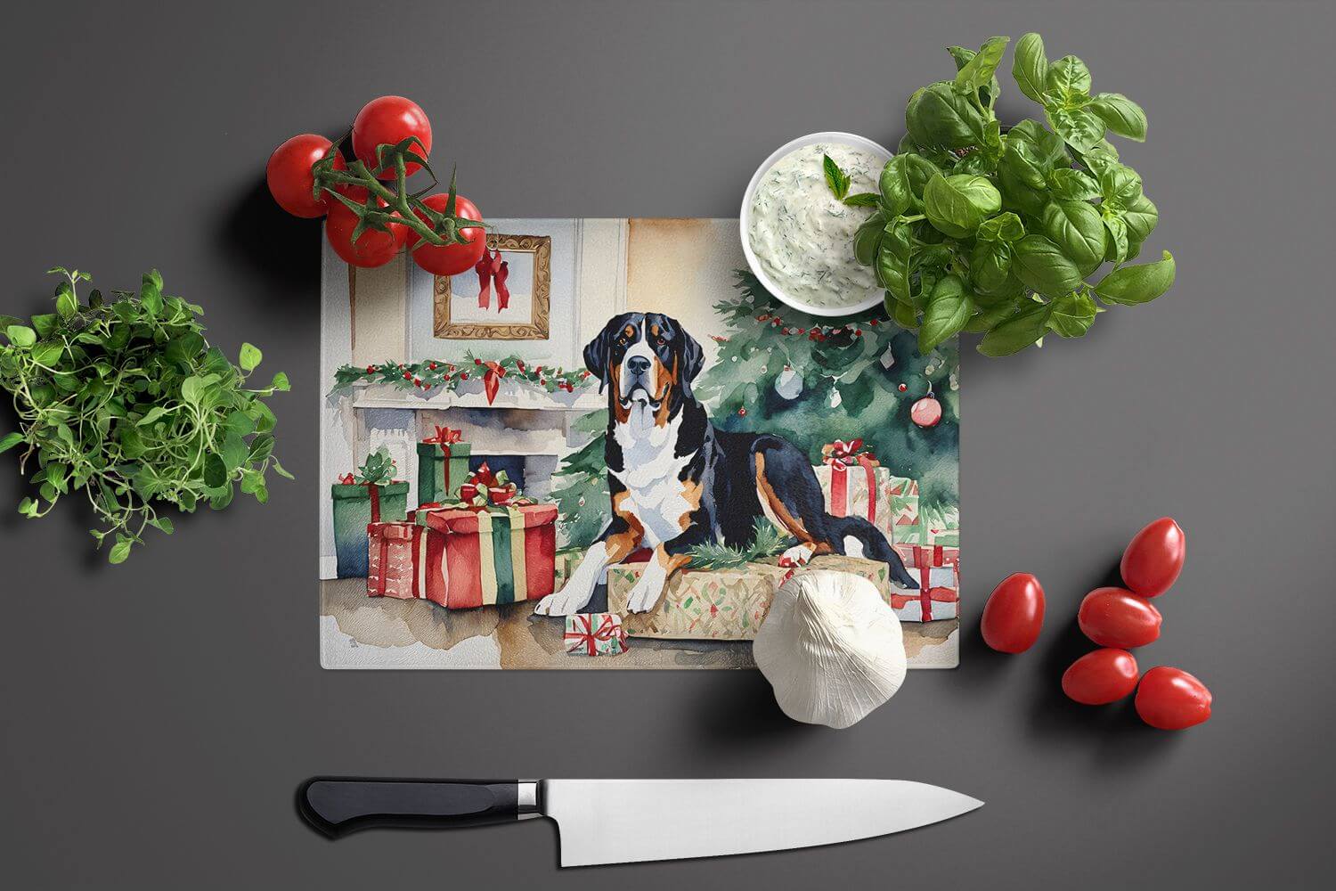 NEW Greater Swiss Mountain Dog Cozy Christmas Glass Cutting Board Decorative Tempered Glass Kitchen Cutting and Serving Board Large Size Chopping Board