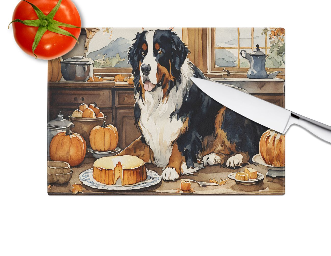 NEW Bernese Mountain Dog Fall Kitchen Pumpkins Glass Cutting Board Decorative Tempered Glass Kitchen Cutting and Serving Board Large Size Chopping Board
