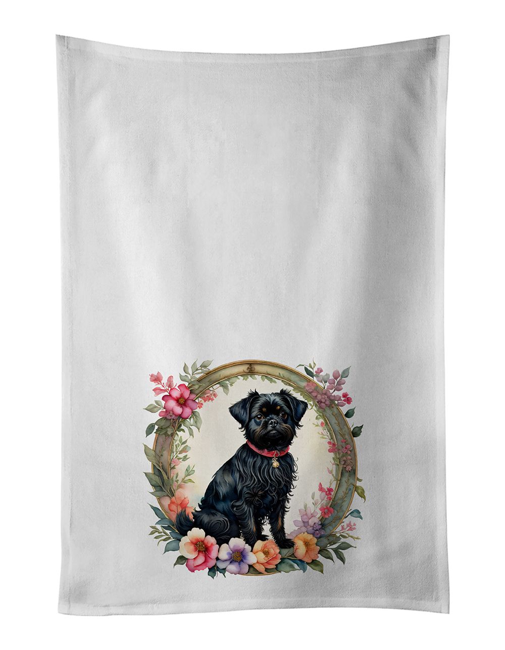 Affenpinscher and Flowers Kitchen Towel Set of 2 White Dish Towels Decorative Bathroom Hand towel for Hand, Face, Hair, Yoga, Tea, Dishcloth, 19 X 28", White