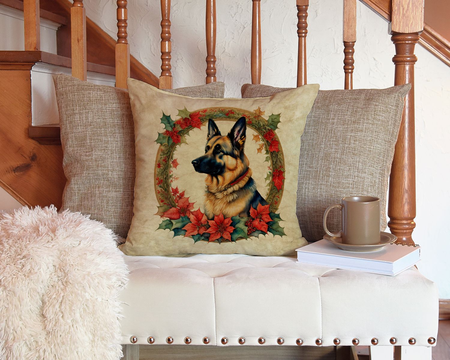 German Shepherd Christmas Flowers Throw Pillow Machine Washable, Indoor Outdoor Decorative Pillow for Couch, Bed or Patio, 14Hx14W