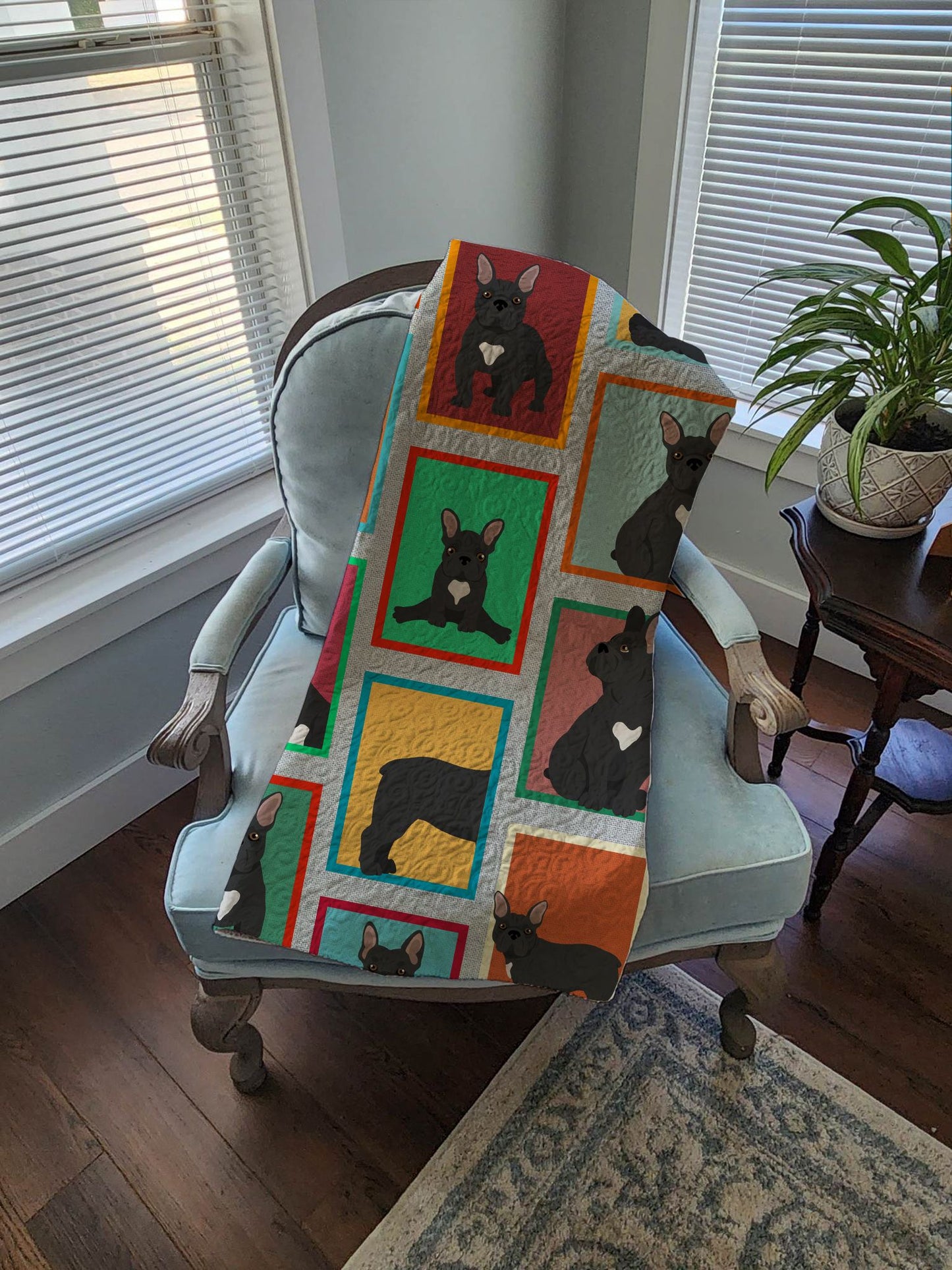 Lots of Black French Bulldog Quilted Blanket 50x60 Artwork Pattern Quilted Throw Blanket for Bed, Couch, Sofa, Soft and Lightweight