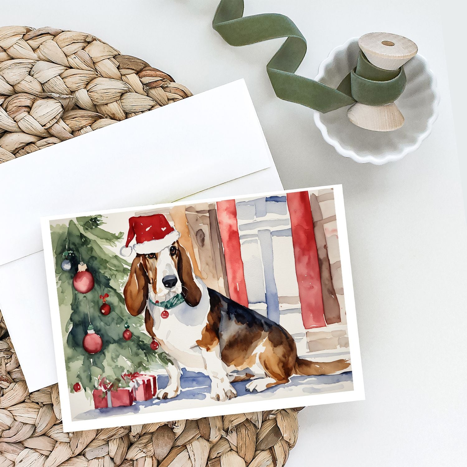 Basset Hound Christmas Greeting Cards Pack of 8 Blank Cards with Envelopes Whimsical A7 Size 5x7 Blank Note Cards