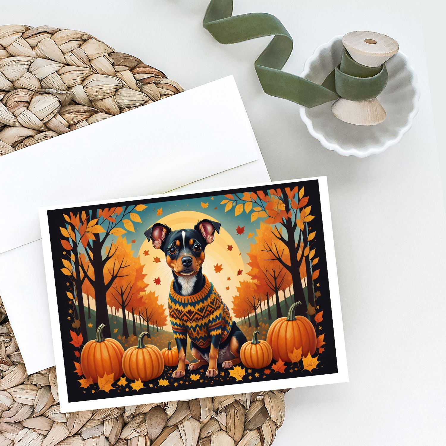 Miniature Pinscher Fall Greeting Cards Pack of 8 Blank Cards with Envelopes Whimsical A7 Size 5x7 Blank Note Cards
