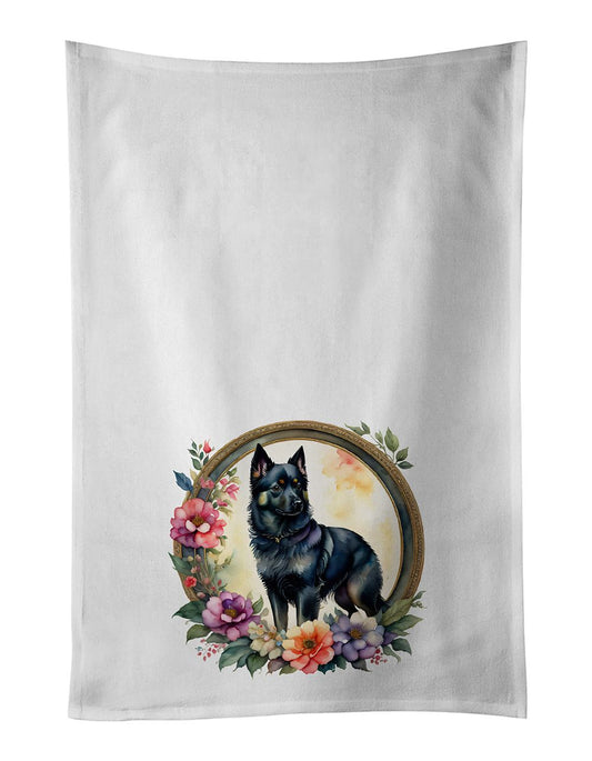 Schipperke and Flowers Kitchen Towel Set of 2 White Dish Towels Decorative Bathroom Hand towel for Hand, Face, Hair, Yoga, Tea, Dishcloth, 19 X 28", White