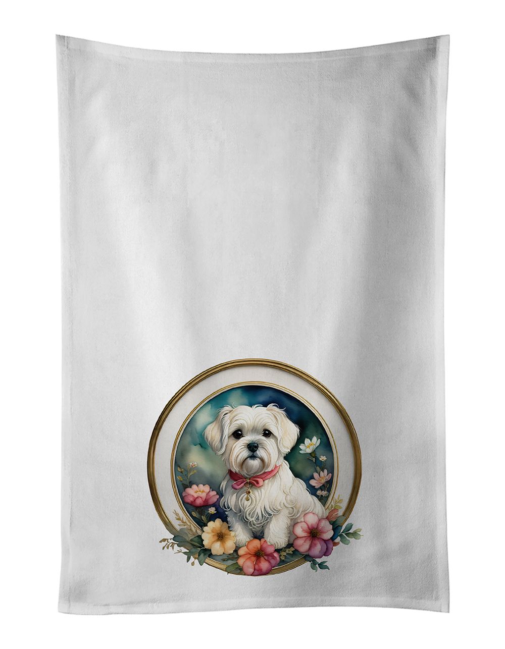 Maltese and Flowers Kitchen Towel Set of 2 White Dish Towels Decorative Bathroom Hand towel for Hand, Face, Hair, Yoga, Tea, Dishcloth, 19 X 28", White