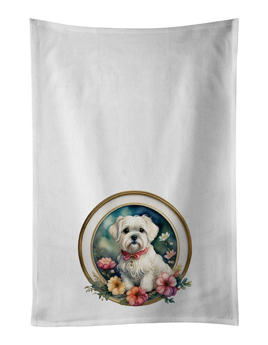 Maltese and Flowers Kitchen Towel Set of 2 White Dish Towels Decorative Bathroom Hand towel for Hand, Face, Hair, Yoga, Tea, Dishcloth, 19 X 28", White