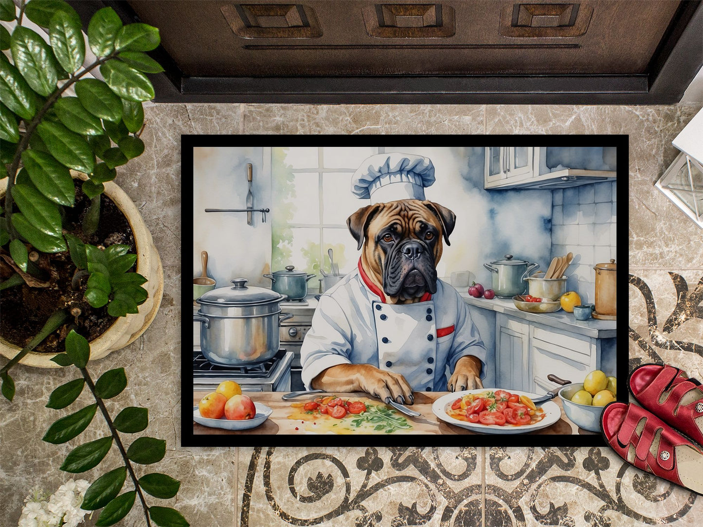 Bullmastiff The Chef Doormat Front Door Mat Indoor Outdoor Rugs for Entryway, Non Slip Washable Low Pile, 24H X 36W