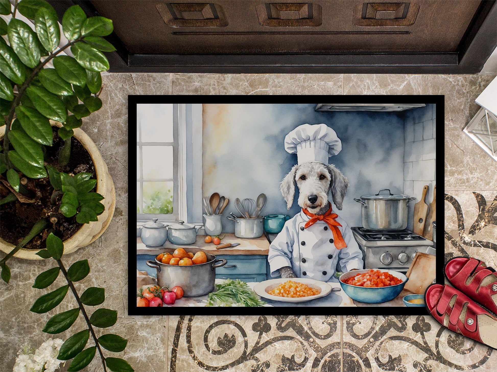 Bedlington Terrier The Chef Doormat Front Door Mat Indoor Outdoor Rugs for Entryway, Non Slip Washable Low Pile, 24H X 36W