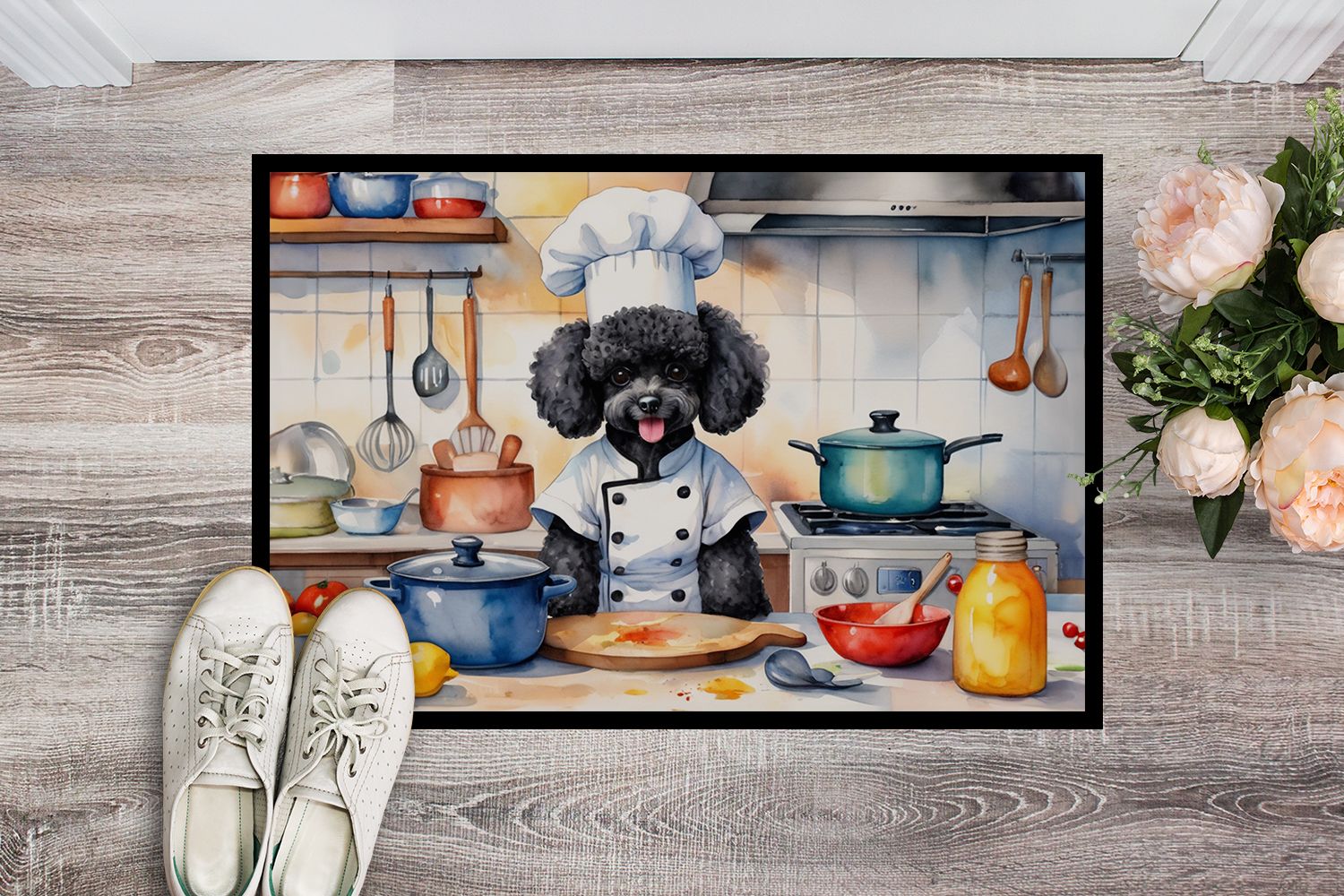 Black Poodle The Chef Doormat Front Door Mat Indoor Outdoor Rugs for Entryway, Non Slip Washable Low Pile, 24H X 36W