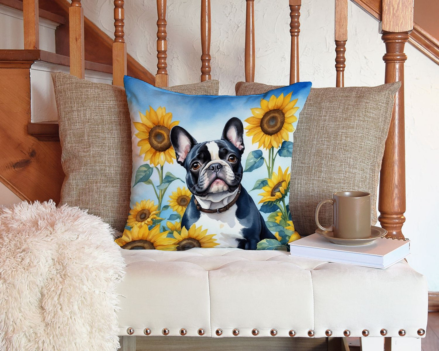 French Bulldog in Sunflowers Throw Pillow Machine Washable, Indoor Outdoor Decorative Pillow for Couch, Bed or Patio, 14Hx14W