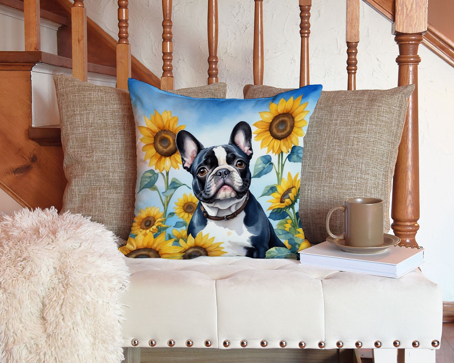 French Bulldog in Sunflowers Throw Pillow Machine Washable, Indoor Outdoor Decorative Pillow for Couch, Bed or Patio, 14Hx14W
