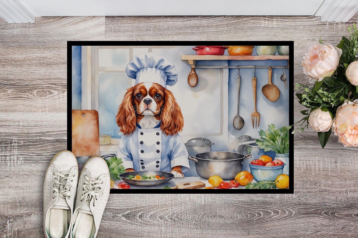 Cavalier Spaniel The Chef Doormat Front Door Mat Indoor Outdoor Rugs for Entryway, Non Slip Washable Low Pile, 24H X 36W