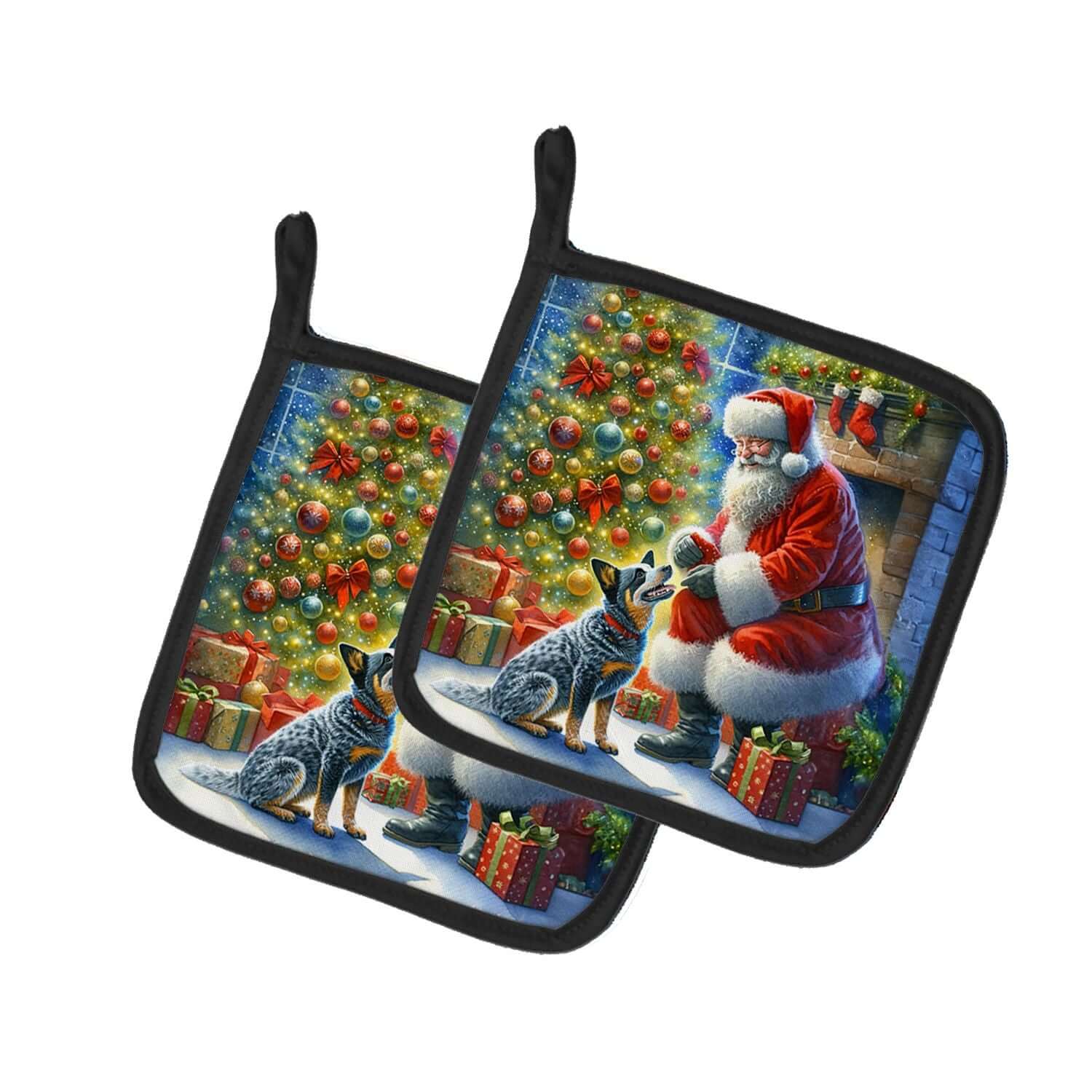 Australian Cattle Dog and Santa Claus Pair of Pot Holders Kitchen Heat Resistant Pot Holders Sets Oven Hot Pads for Cooking Baking BBQ, 7 1/2 x 7 1/2
