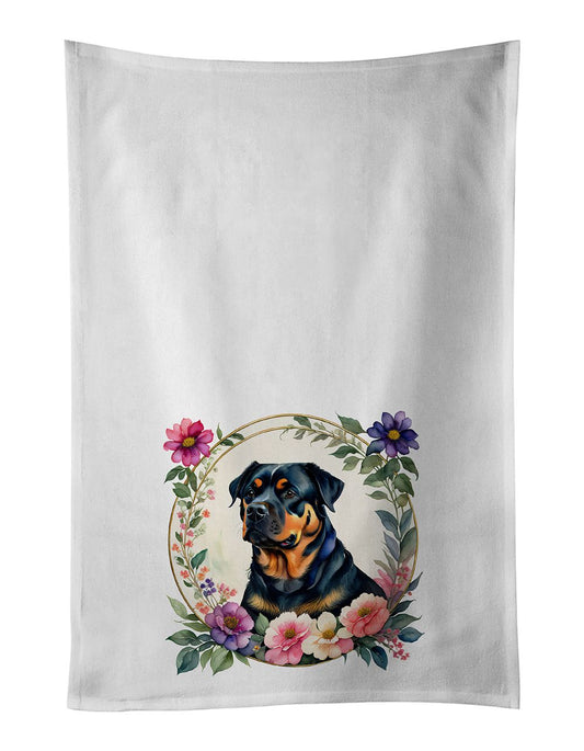 Rottweiler and Flowers Kitchen Towel Set of 2 White Dish Towels Decorative Bathroom Hand towel for Hand, Face, Hair, Yoga, Tea, Dishcloth, 19 X 28", White