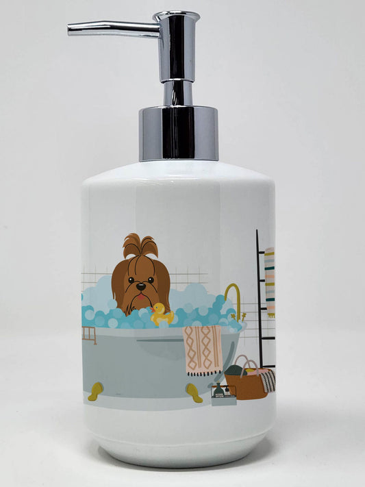 Silver Chocolate Shih Tzu in Bathtub Ceramic Soap Dispenser Hand Soap Dispenser Pump Bottles for Bathroom Kitchen, Empty Refillable Liquid Soap Container