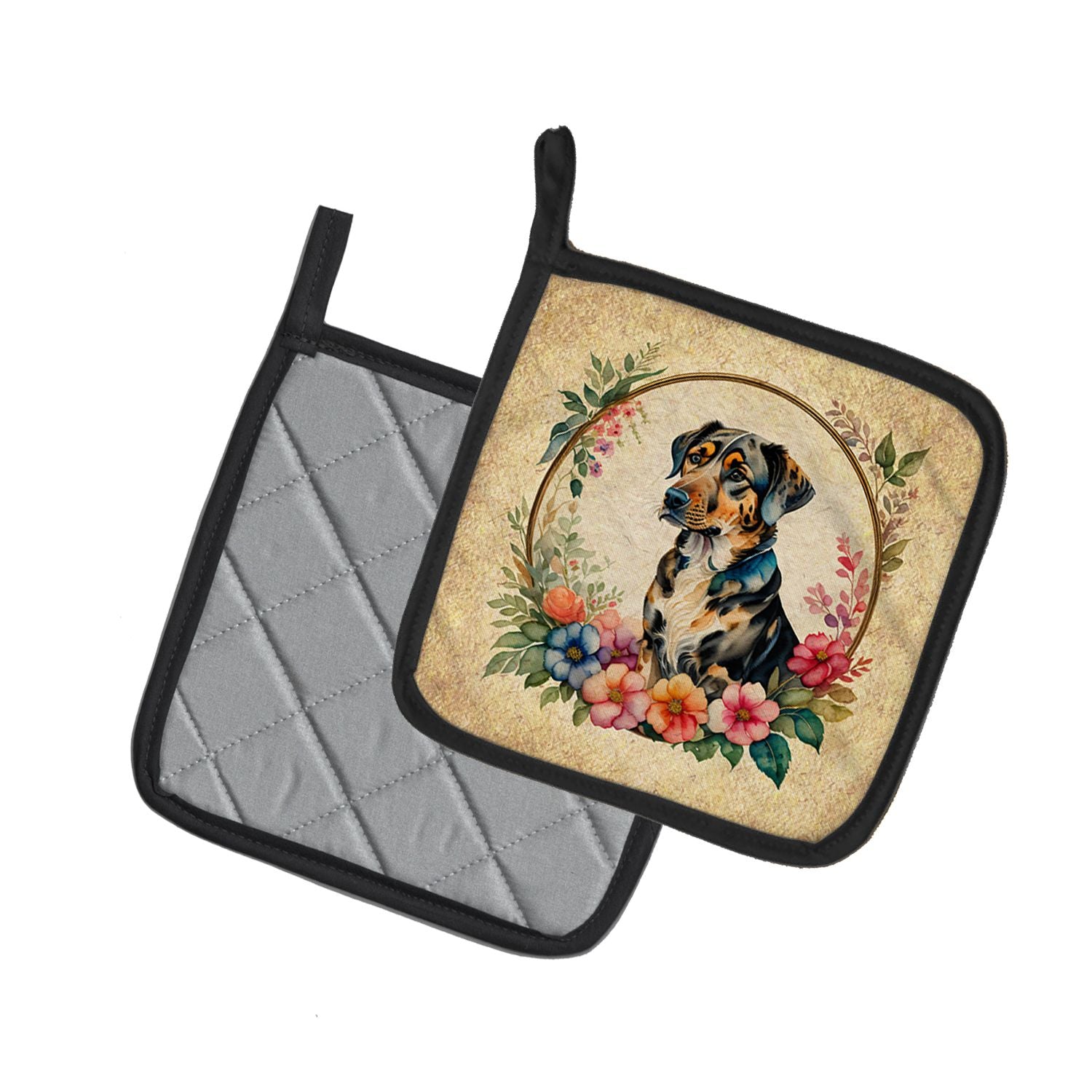 Catahoula Leopard Dog and Flowers Pair of Pot Holders Kitchen Heat Resistant Pot Holders Sets Oven Hot Pads for Cooking Baking BBQ, 7 1/2 x 7 1/2