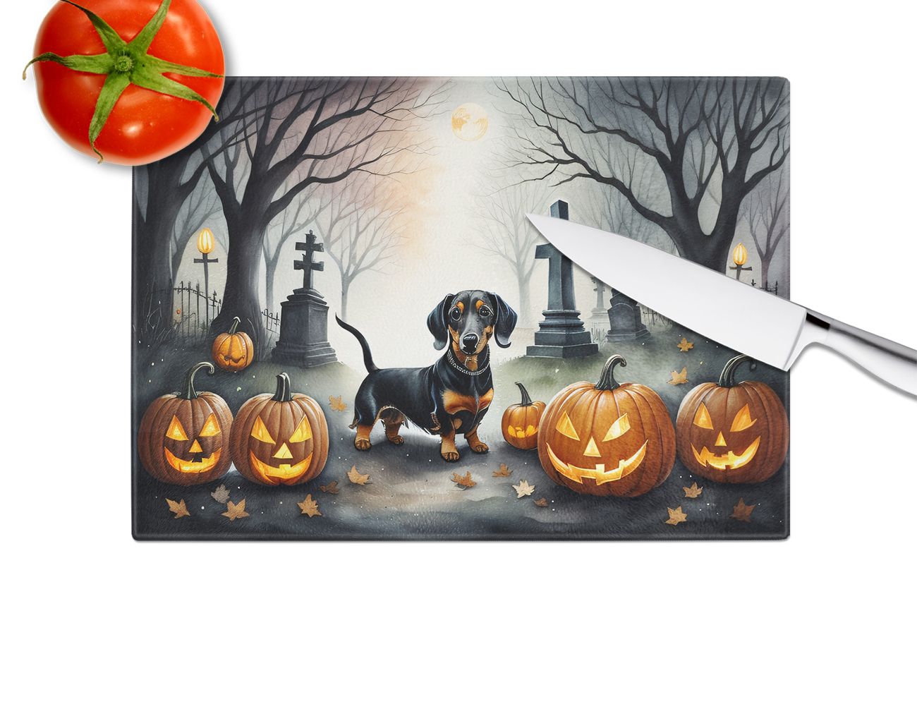 NEW Dachshund Spooky Halloween Glass Cutting Board Decorative Tempered Glass Kitchen Cutting and Serving Board Large Size Chopping Board