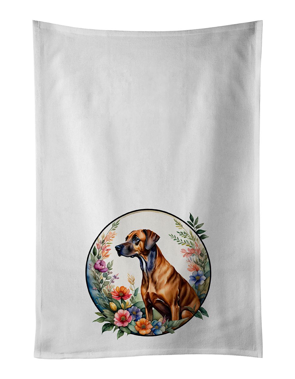 Rhodesian Ridgeback and Flowers Kitchen Towel Set of 2 White Dish Towels Decorative Bathroom Hand towel for Hand, Face, Hair, Yoga, Tea, Dishcloth, 19 X 28", White