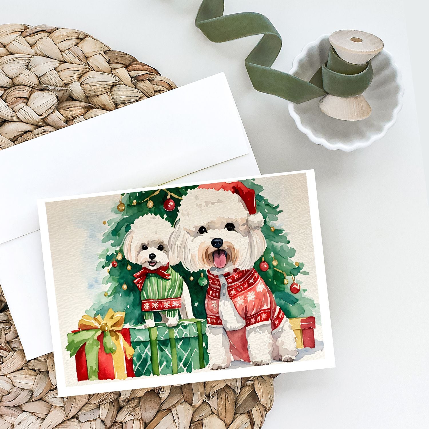 Bichon Frise Christmas Greeting Cards Pack of 8 Blank Cards with Envelopes Whimsical A7 Size 5x7 Blank Note Cards