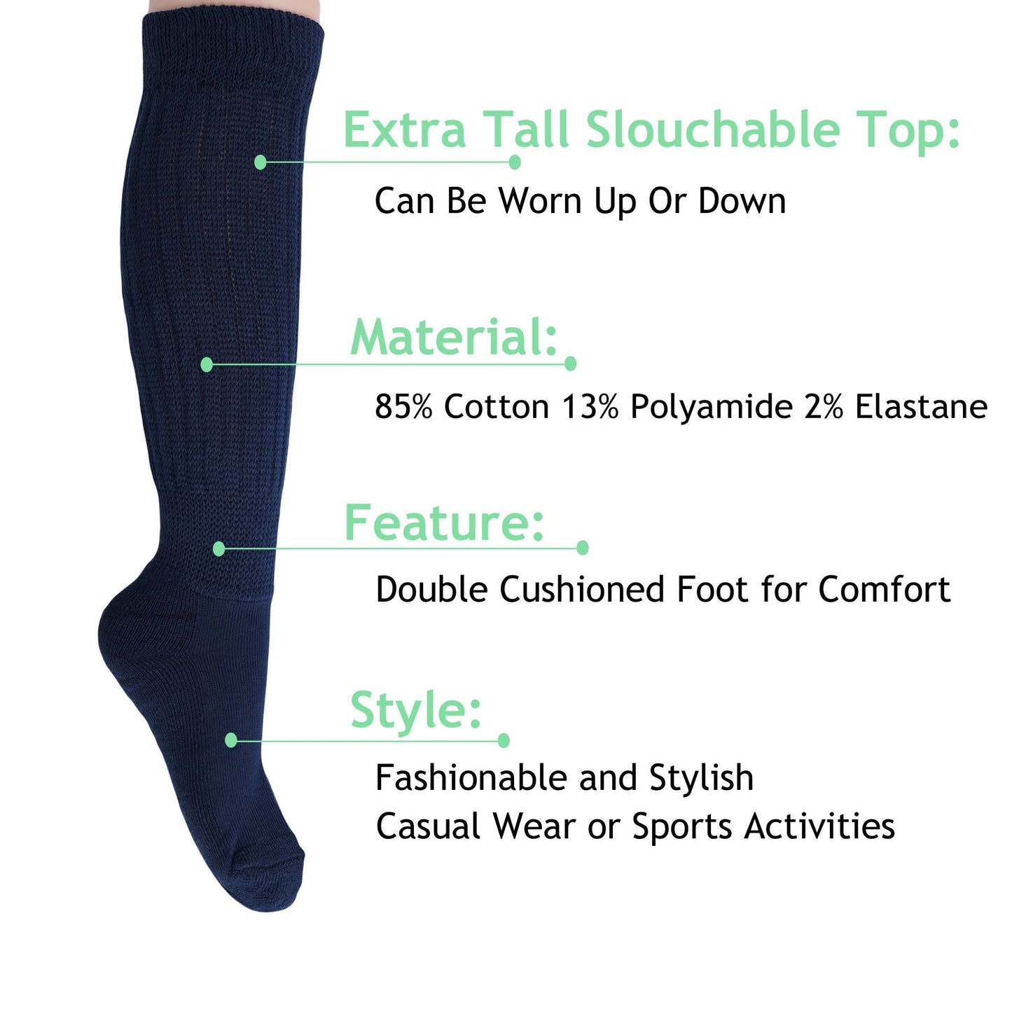 Women's Extra Long Slouch Scrunch Socks Knee High, Cotton Blend, Pack of 2, Fits Shoe Sizes 5-10, 80s Style, 28 Colors