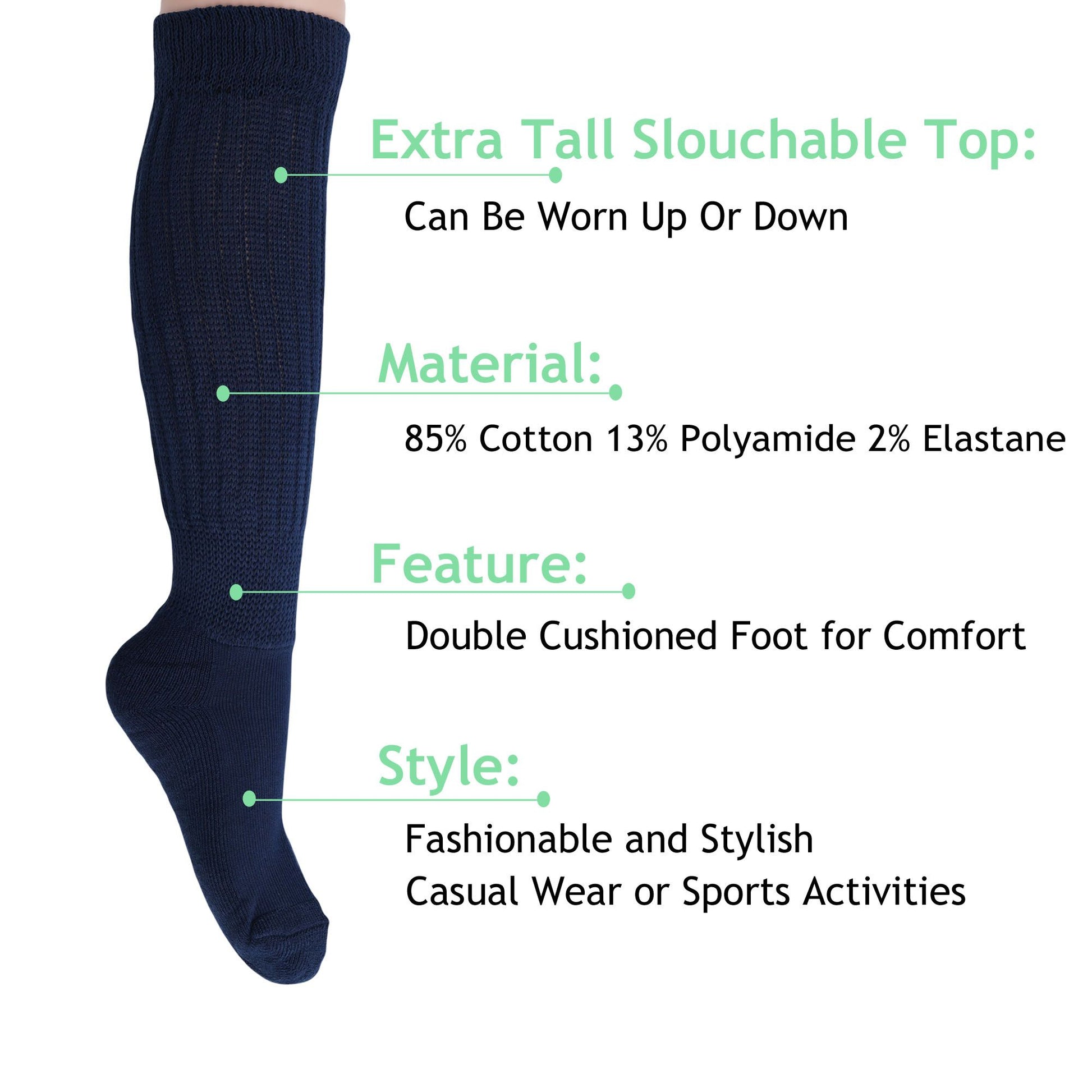 Women's Extra Long Slouch Scrunch Socks Knee High, Cotton Blend, Pack of 2, Fits Shoe Sizes 5-10, 80s Style, 28 Colors