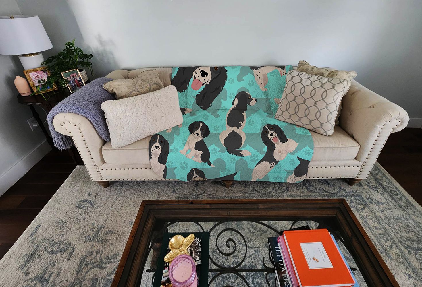 Black and White English Springer Spaniel Quilted Blanket 50x60 Artwork Pattern Quilted Throw Blanket for Bed, Couch, Sofa, Soft and Lightweight