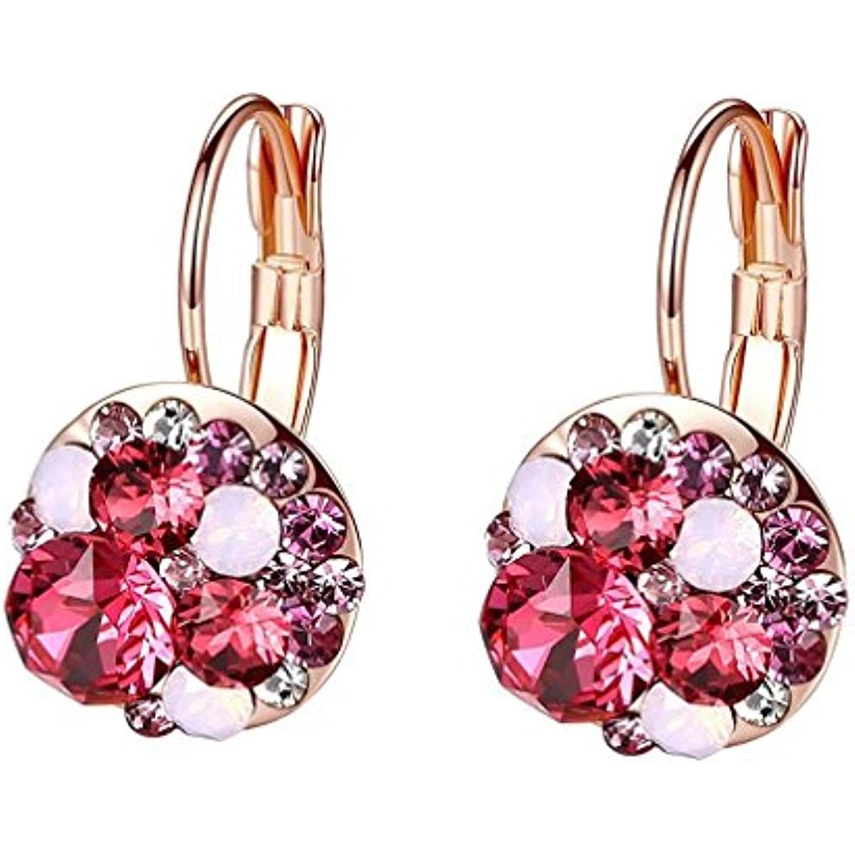 Multicolored Austrian Crystal Leverback Earrings for Women 14K Gold Plated Dangle Hoop Earrings Hypoallergenic Jewelry