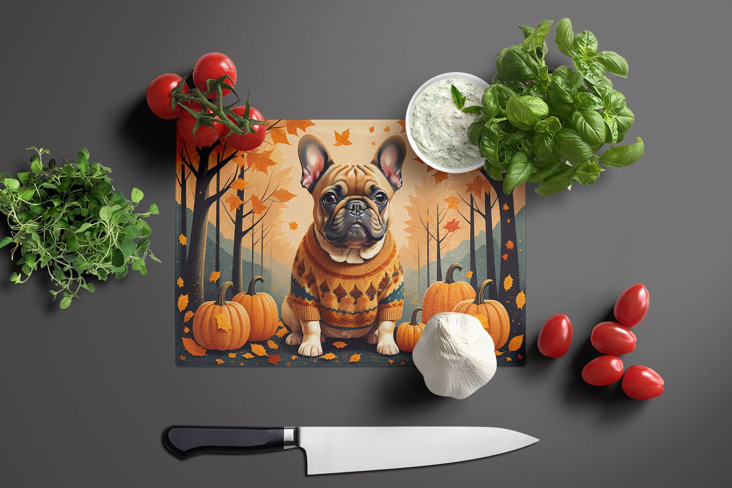 NEW Fawn French Bulldog Fall Glass Cutting Board Decorative Tempered Glass Kitchen Cutting and Serving Board Large Size Chopping Board