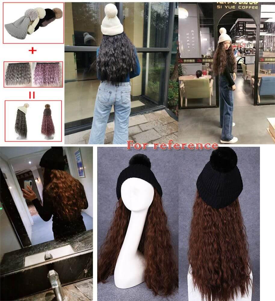 Womens Black Winter Knit Hat with Light Brown Synthetic Long Curly Corn Wave Hair Attached Wig Cap - Clothes For Her Online Store