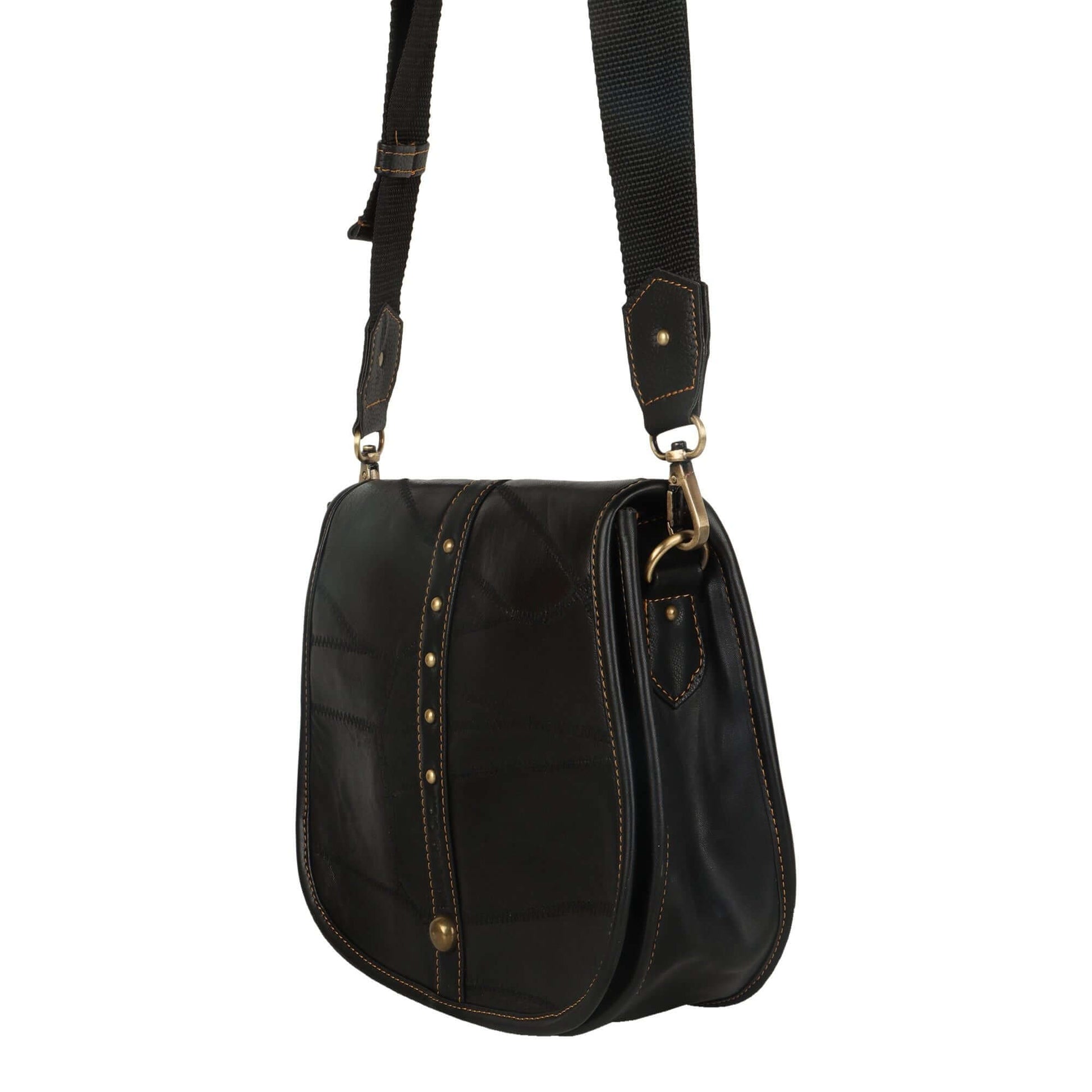 Vivo Saddle Bag made with upcycled leather + premium vegan leather Front Flap