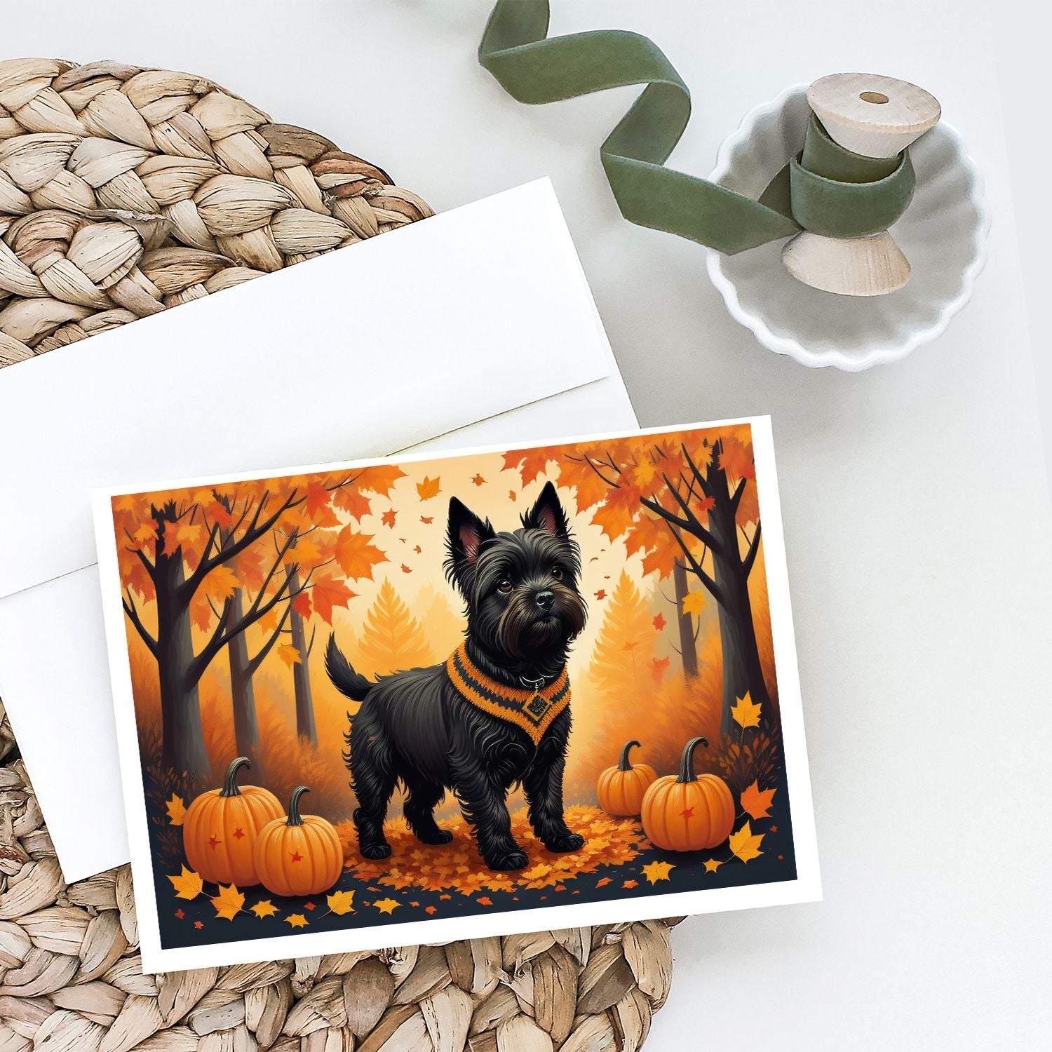 Black Cairn Terrier Fall Greeting Cards Pack of 8 Blank Cards with Envelopes Whimsical A7 Size 5x7 Blank Note Cards