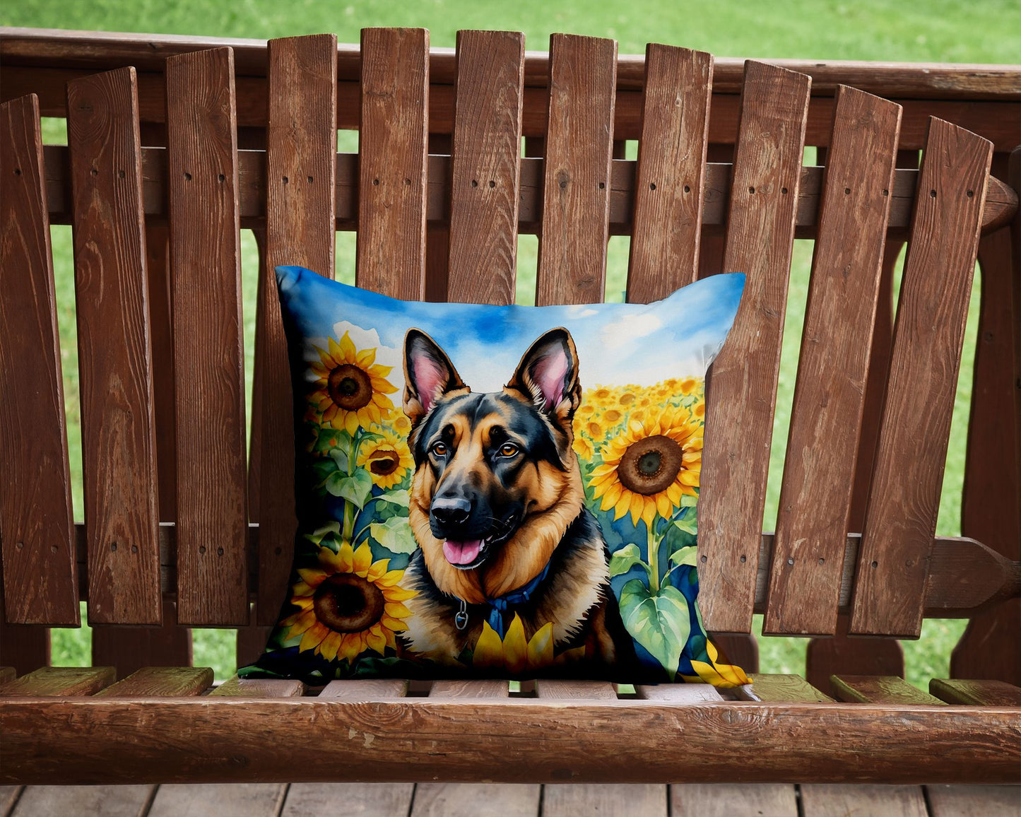 German Shepherd in Sunflowers Throw Pillow Machine Washable, Indoor Outdoor Decorative Pillow for Couch, Bed or Patio, 14Hx14W