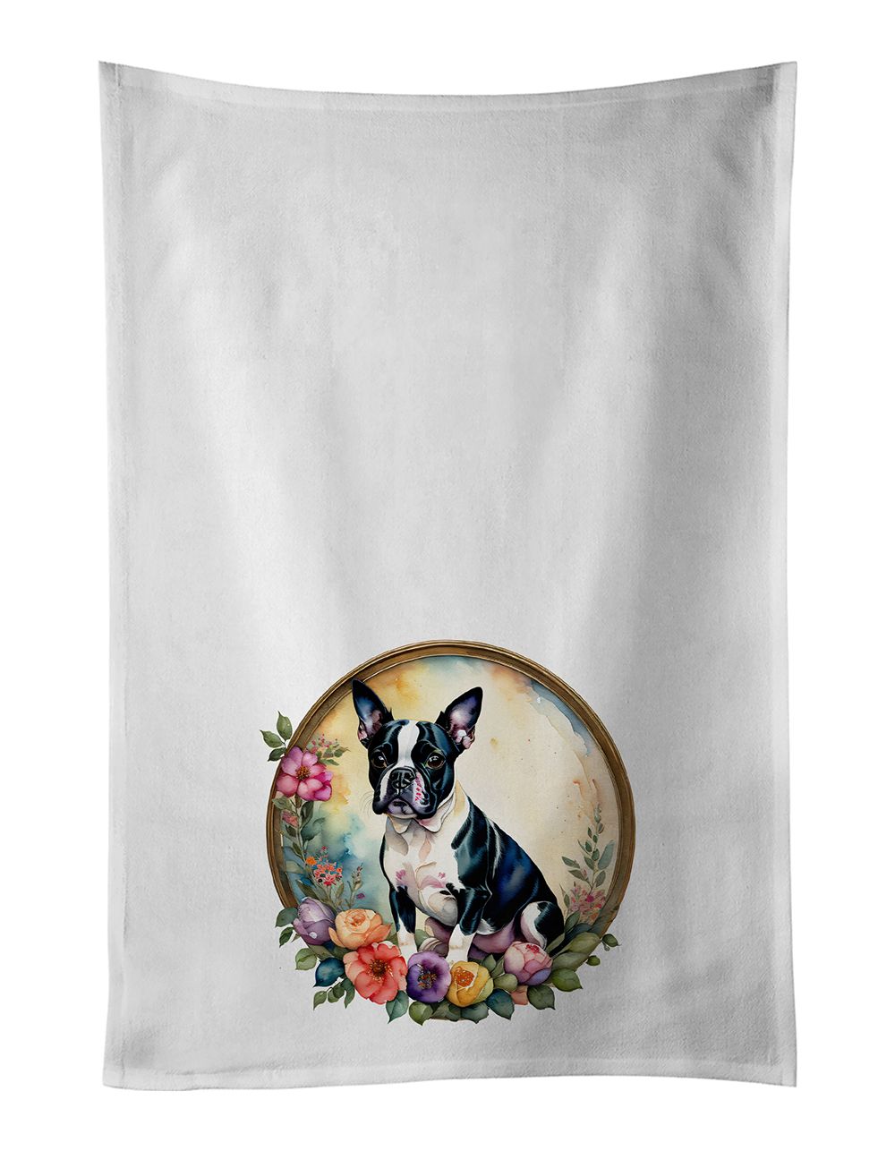 Boston Terrier and Flowers Kitchen Towel Set of 2 White Dish Towels Decorative Bathroom Hand towel for Hand, Face, Hair, Yoga, Tea, Dishcloth, 19 X 28", White