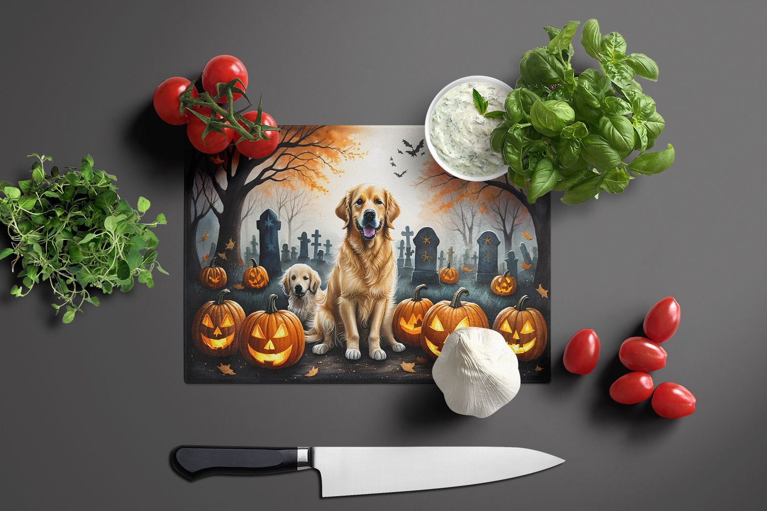 NEW Golden Retriever Spooky Halloween Glass Cutting Board Decorative Tempered Glass Kitchen Cutting and Serving Board Large Size Chopping Board