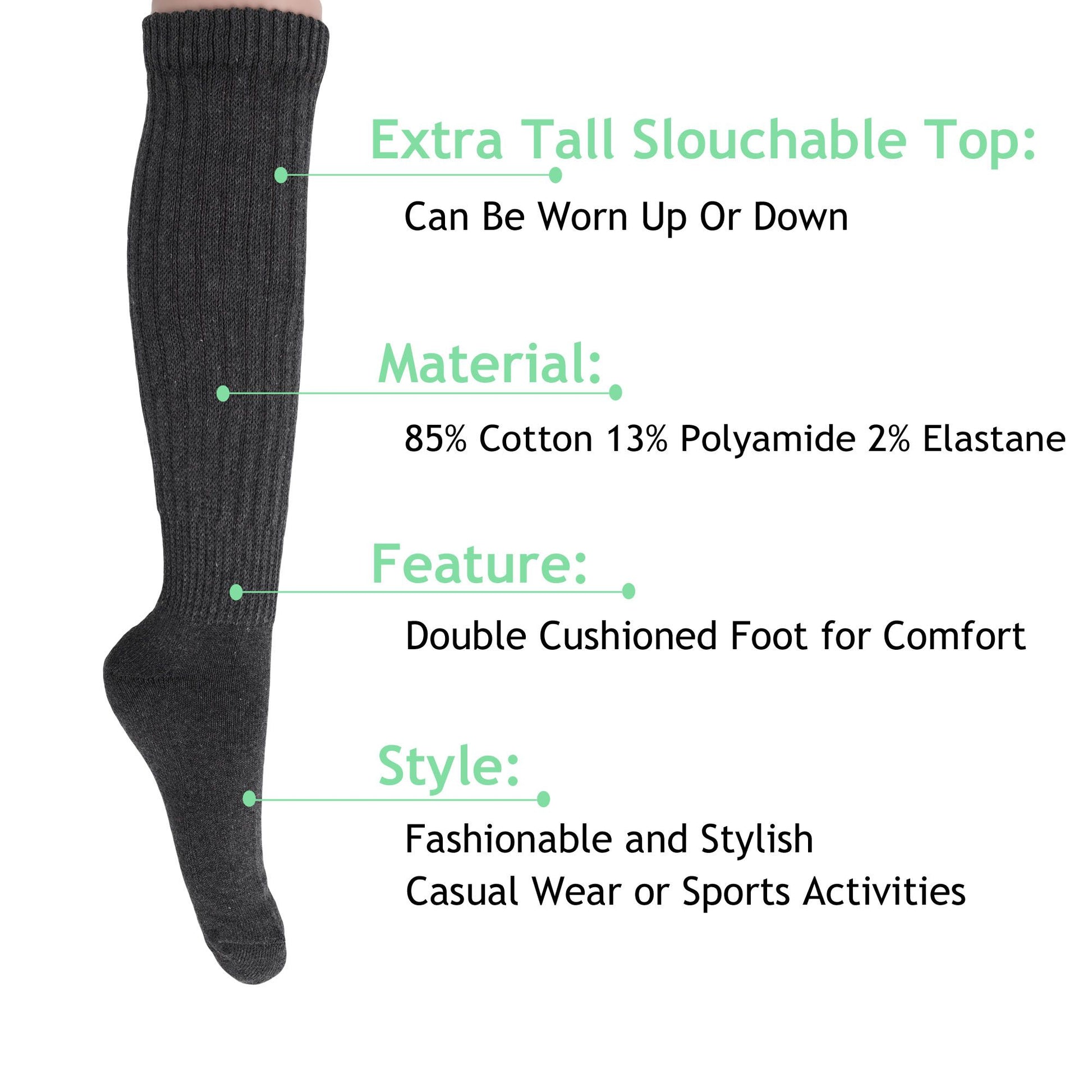 Slouch Socks for Women Extra Long Heavy Slouchy Scrunch Cotton Socks 1 Pair Shoe Size 5 to 10
