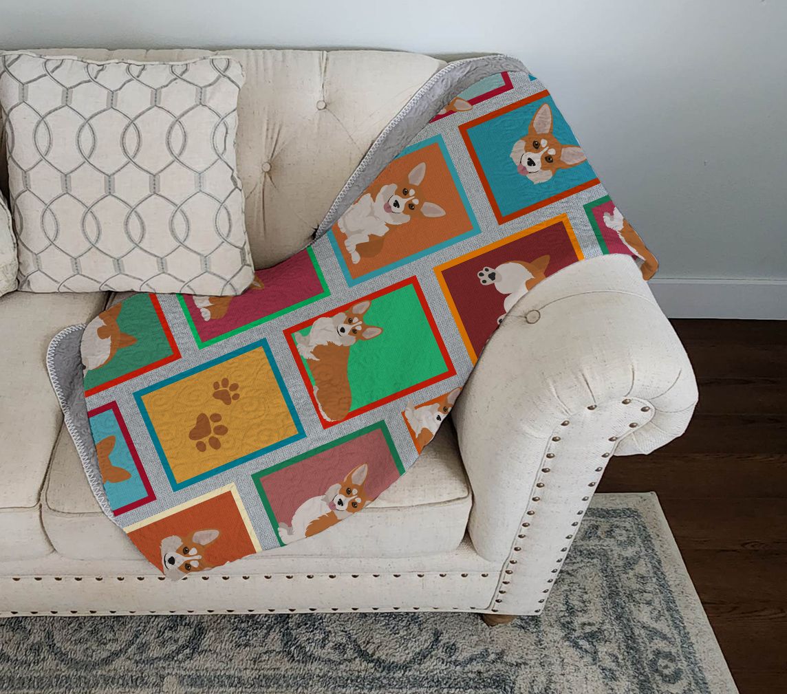 Lots of Red and White Pembroke Corgi Quilted Blanket 50x60 Artwork Pattern Quilted Throw Blanket for Bed, Couch, Sofa, Soft and Lightweight