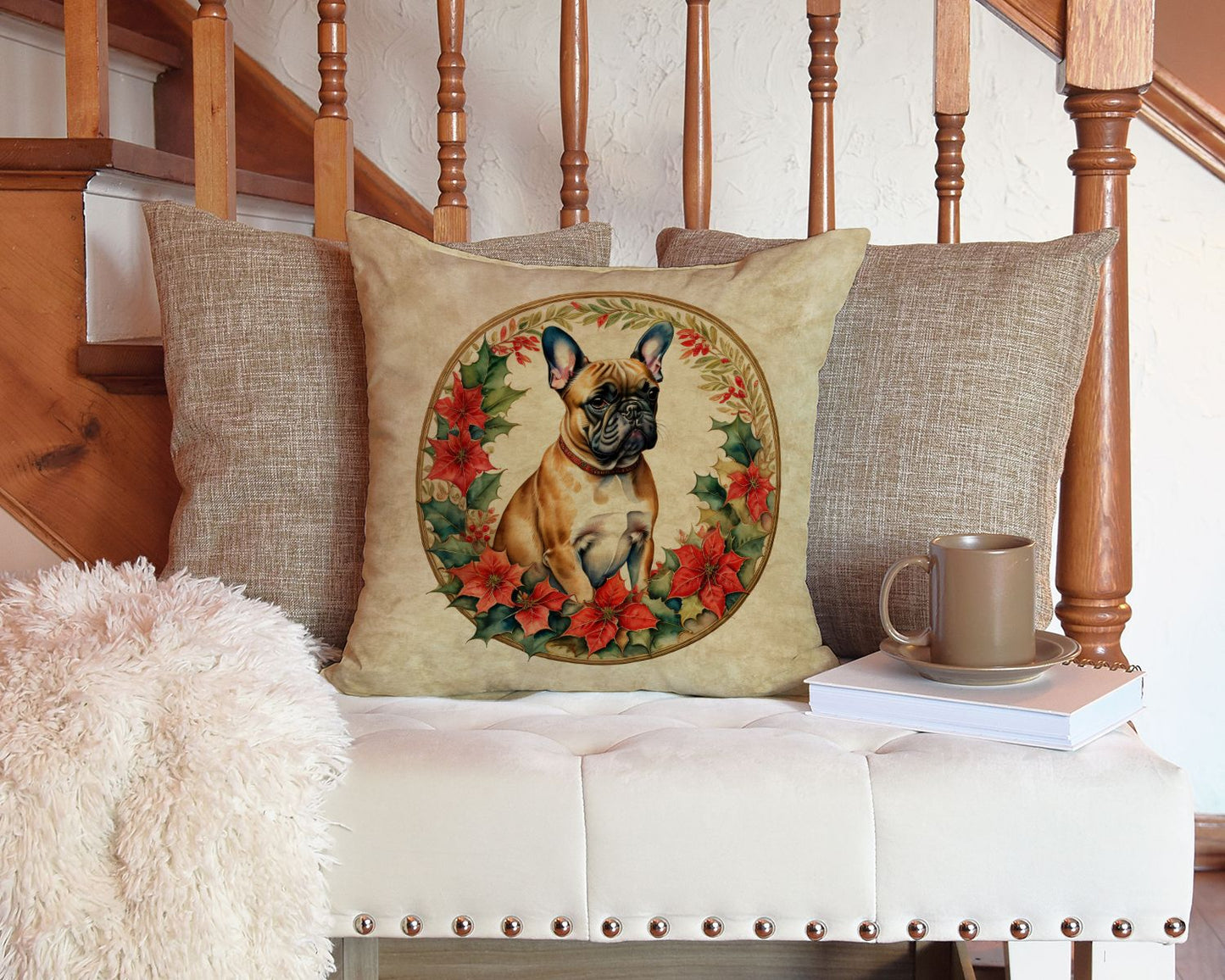 French Bulldog Christmas Flowers Throw Pillow Machine Washable, Indoor Outdoor Decorative Pillow for Couch, Bed or Patio, 14Hx14W