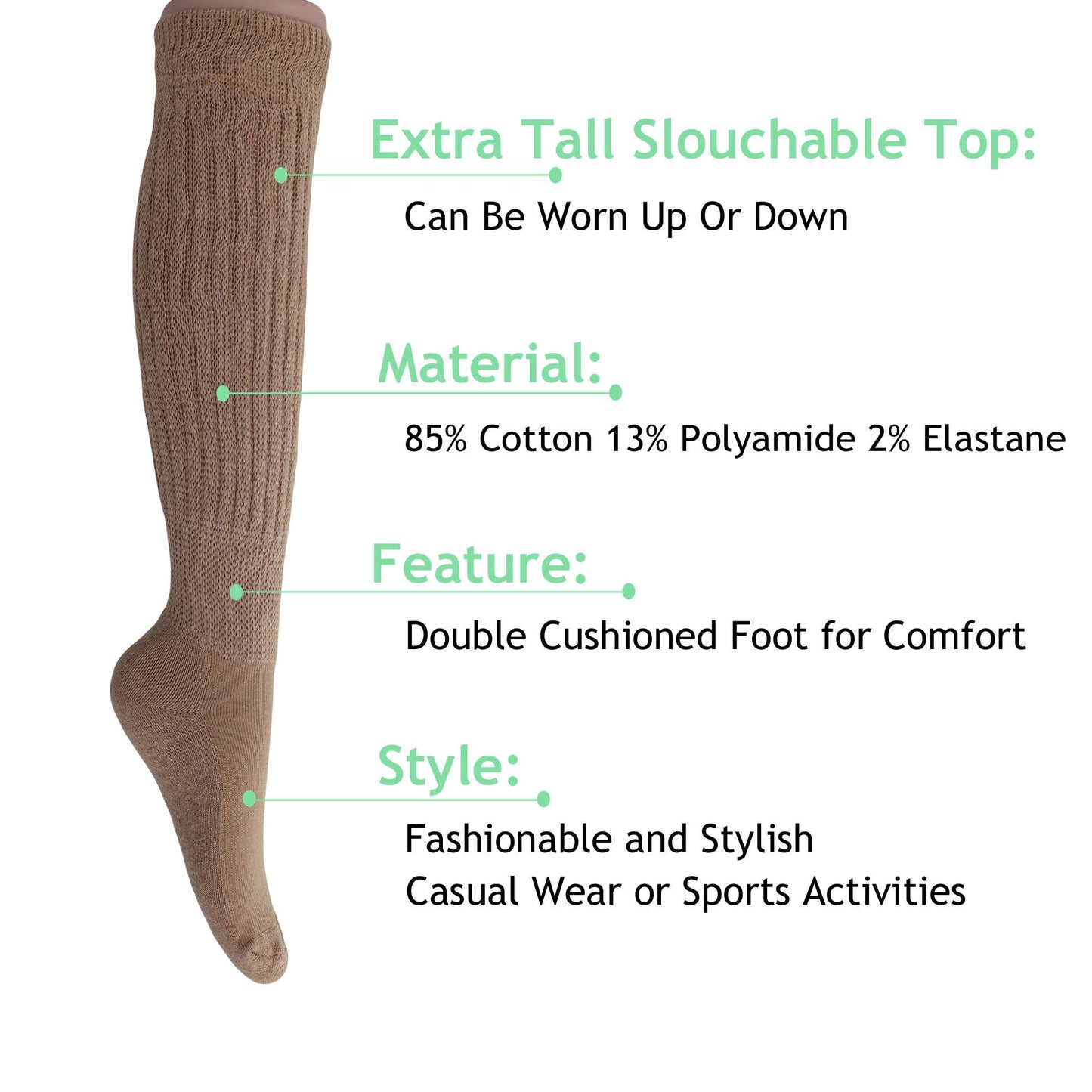 Slouch Socks for Women Extra Long Heavy Slouchy Scrunch Cotton Socks 1 Pair Shoe Size 5 to 10
