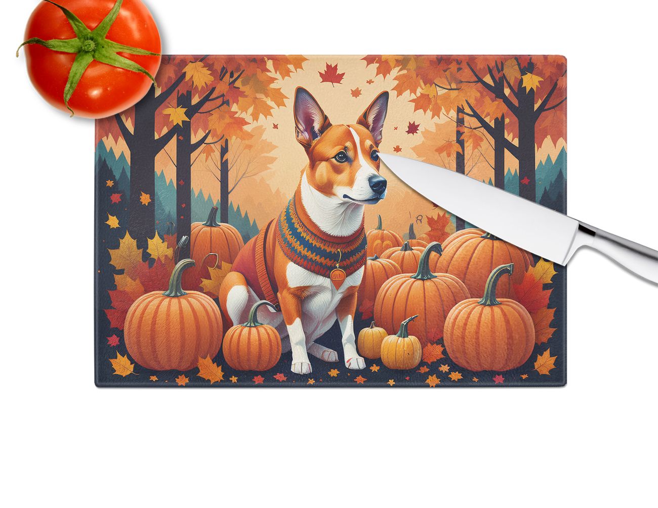 NEW Red Basenji Fall Glass Cutting Board Decorative Tempered Glass Kitchen Cutting and Serving Board Large Size Chopping Board