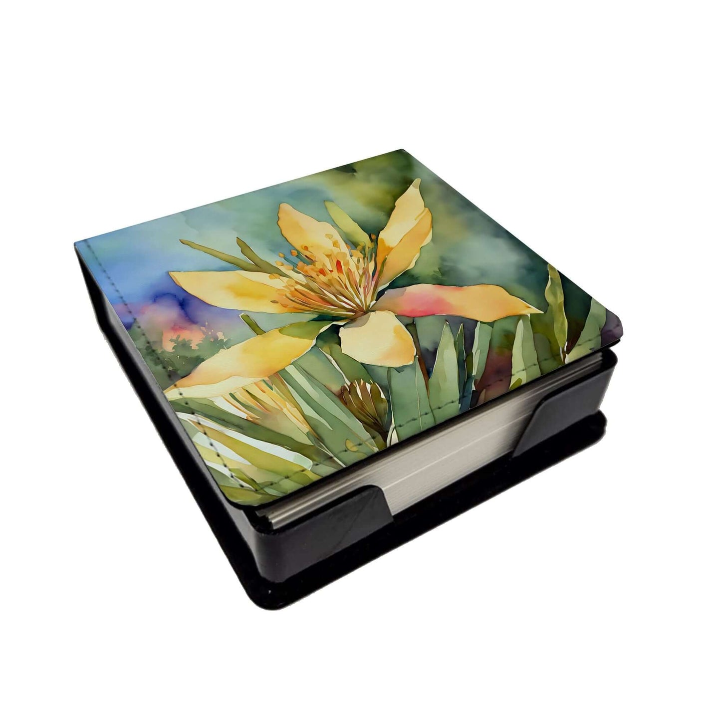 New Mexico Yucca Flower in Watercolor PU Leather Note Paper Holder with Artist-Designed Cover, Desk Accessory, Office Gift