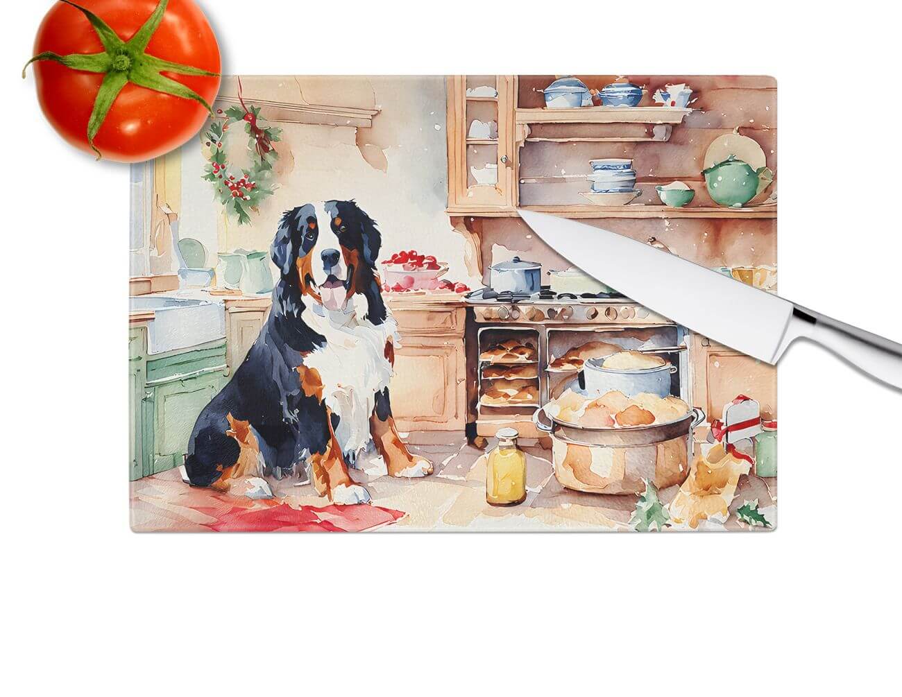 NEW Bernese Mountain Dog Christmas Cookies Glass Cutting Board Decorative Tempered Glass Kitchen Cutting and Serving Board Large Size Chopping Board