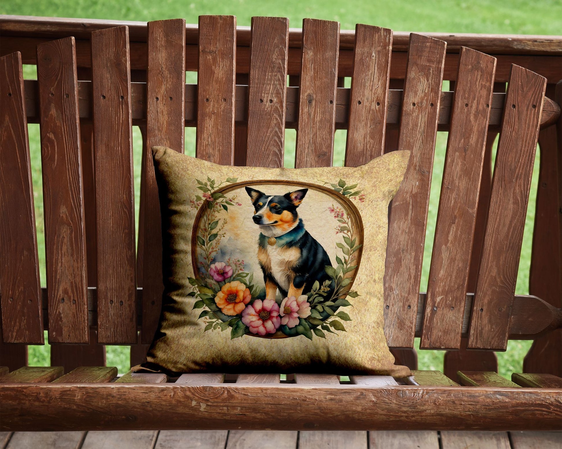 Lancashire Heeler and Flowers Throw Pillow Machine Washable, Indoor Outdoor Decorative Pillow for Couch, Bed or Patio, 14Hx14W